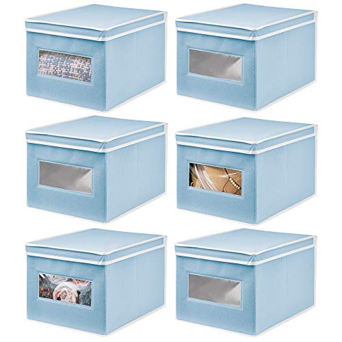 mDesign Juego de 6 Cajas de Tela – Práctico Organizador de armarios con Tapa para Dormitorio, salón o baño – Caja de almacenaje apilable de Fibra sintética Transpirable – Azul Claro/Blanco