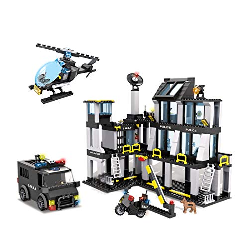 Mecotecn 743 piezas de construcción de la estación de policía de la ciudad con coche de policía, helicóptero, motocicleta y 5 figuras, compatible con bloques de construcción militar Lego