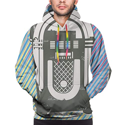 Men's Hoodies 3D Print Pullover Sweatershirt,Radio Party Dark Grey Vintage Music Box with Abstract Grunge Colorful Stripes Image,L