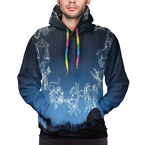 Men's Hoodies 3D Print Pullover Sweatershirt,Sketchy Zodiacal Sign Dots In Ombre Night Dark Sky In Forest Art Print,L
