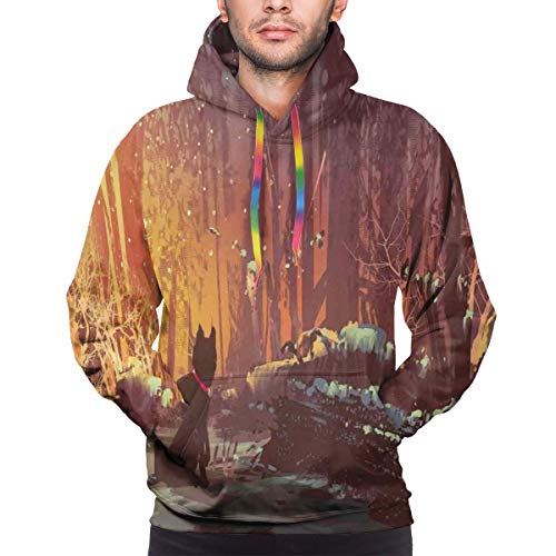 Men's Hoodies 3D Print Pullover Sweatershirt,Surreal Lost Black Cat Deep Dark In Forest with Mystic Lights Picture,S