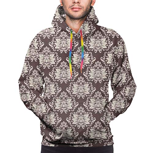 Men's Hoodies 3D Print Pullover Sweatershirt,Victorian Floral Pattern with Blooming Foliage Leaves On Dark Toned Backdrop,M