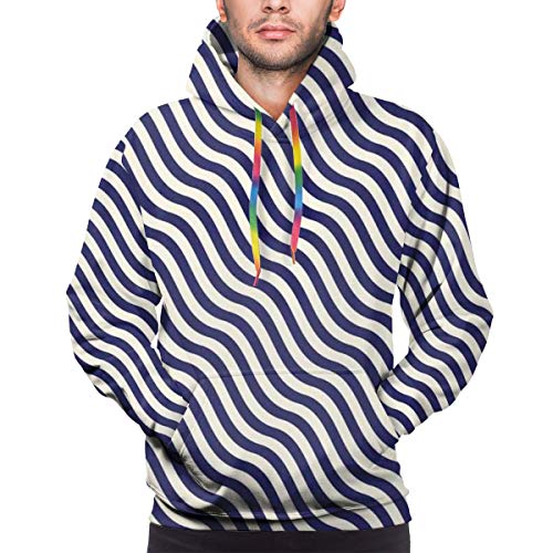 Men's Hoodies 3D Print Pullover Sweatershirt,Wave Like Striped Lines Design On Dark Blue Background Artwork Print,L