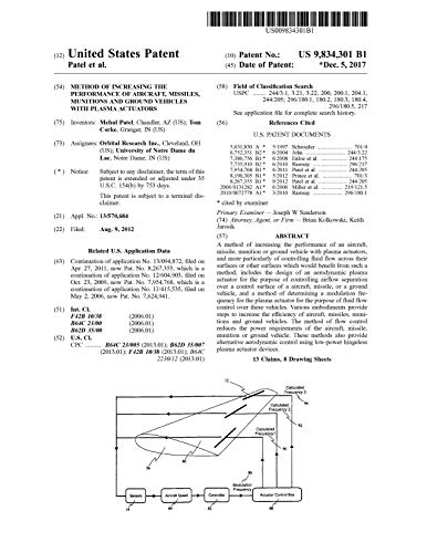 Method of increasing the performance of aircraft, missiles, munitions and ground vehicles with plasma actuators: United States Patent 9834301 (English Edition)