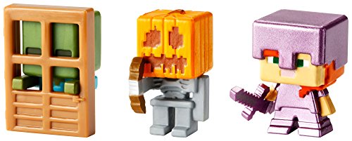 Minecraft Mini Figure 3-Pack, Alex with Enchanted Armor, Skeleton with Pumpkin Armor & Zombie At Door by Mattel