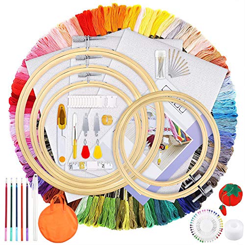MOOING Kit completo de bordado de 205 piezas,Kit de Herramienta de Punto de Cruz aros de bordado de 5 piezas,hilos de 100 colores, Telas de Punto de Cruz,Kit de Inicio de Bordado MOOING Kit completo de bordado de 205 piezas,Kit de Herramienta de Punto de Cruz aros de bordado de 5 piezas,hilos de 100 colores, Telas de Punto de Cruz,Kit de Inicio de Bordado