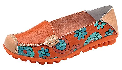 Mujer Mocasines de Cuero Moda Loafers Casual Zapatos de Conducción Zapatillas del Barco Cómodos Planos Sandalias para Caminar,A Naranja,39 EU