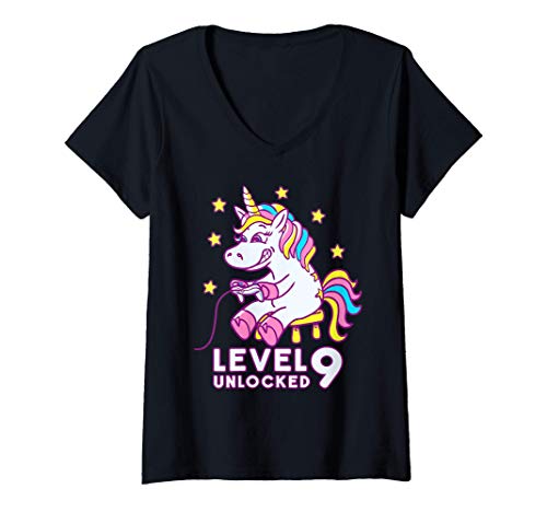 Mujer Unicornio Nivel 9 desbloqueado 9 años Chica Gamer Cumpleaños Camiseta Cuello V