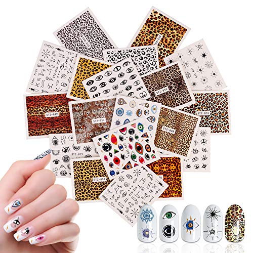 Mwoot 19 Hojas Arte de uñas Pegatinas Conjunto Etiquetas engomadas del Arte del Clavo de la Ojo de leopardo Diseño 3D Manicura Consejos Calcomanías Envolturas para Mujeres