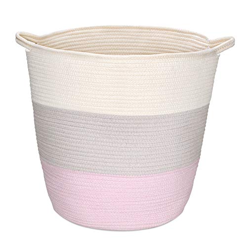 Navaris Cesta de Almacenamiento de Cuerda de algodón - Cesto Grande con asa para Colada organización decoración Juguetes - Blanco marrón y Rosa Navaris Cesta de Almacenamiento de Cuerda de algodón - Cesto Grande con asa para Colada organización decoración Juguetes - Blanco marrón y Rosa