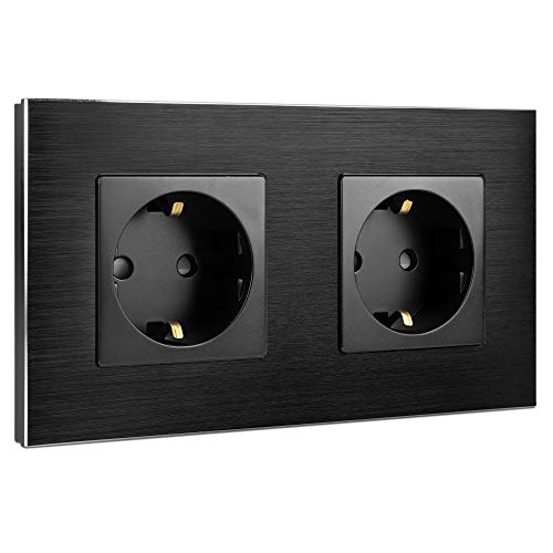 Navaris Enchufe con marco de aluminio - Cubierta de 15.5 x 8.8 x 4 CM para empotrar en pared - Placa doble para enchufes Schuko de la UE tipo F negro