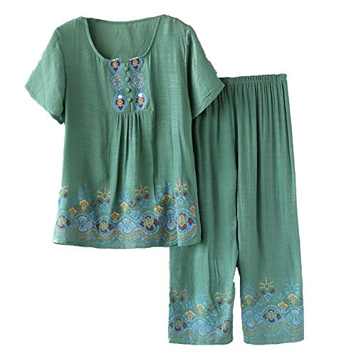 N\P Conjunto de pijama para mujer, de lino, bordado, con flores, ropa de noche verde XL