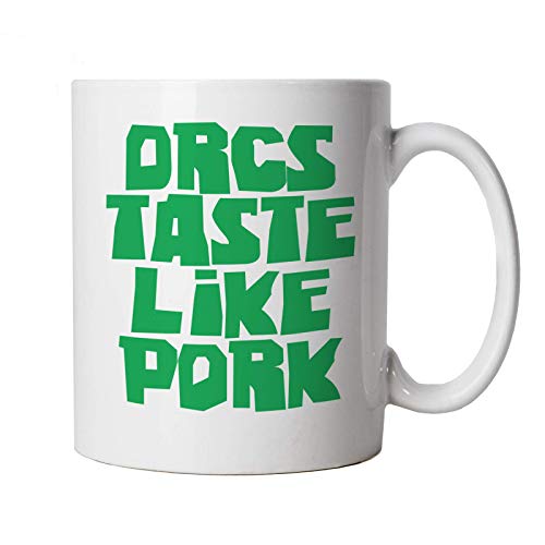 Orcs Taste Like Pork Mug | Dungeons Dragon D&D DND Pathfinder 3.5 Tarrasque | Crimson Throne Polyhedral D20 Quinta 5ª Edición | Hobbies Cup Gift 10 oz Blanco