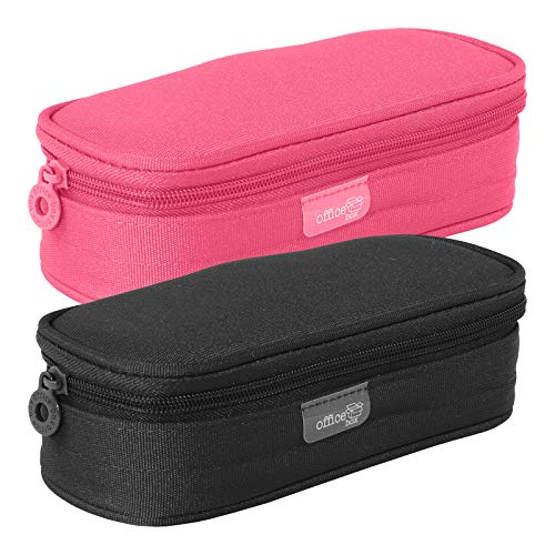 Pack 2 Estuches Multiuso Megapak Oval para Material Escolar, Neceser de Viaje o Maquillaje. Medida 22 cm. Color Negro y Fucsia