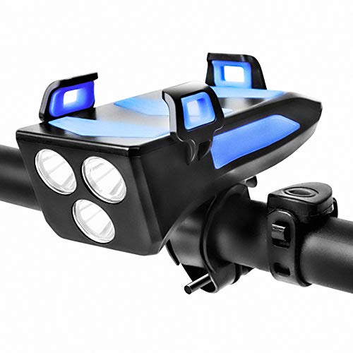 PandainspirS Luces de bicicleta recargables,Luces frontales USB 4 en 1 con 4000 mAh,3 modos de luz,Faro LED resistente al agua con bocina de 130dB,Soporte de teléfono y Power Bank