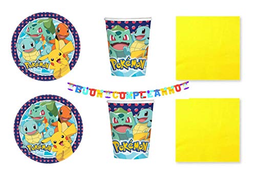 Party Store web by casa dolce casa Pokemon Pikachu - Juego de vajilla para Fiestas de Pokémon - Kit n.º 9 CDC (32 Platos, 32 Vasos, 50 servilletas Amarillas, 1 Guirnalda)