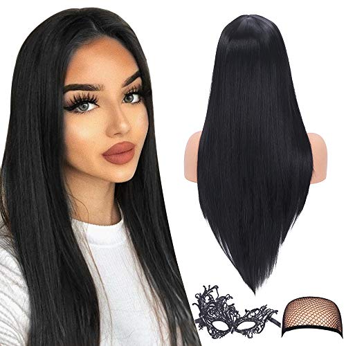 Peluca Negra para Mujeres Sedosa Peluca Negra Larga Lisa con Línea de Pelo Natural 22 Pulgadas Parte Media Peluca sintética para Mujeres Chicas Fiestas Peluca Negra para Mujeres Sedosa Peluca Negra Larga Lisa con Línea de Pelo Natural 22 Pulgadas Parte Media Peluca sintética para Mujeres Chicas Fiestas