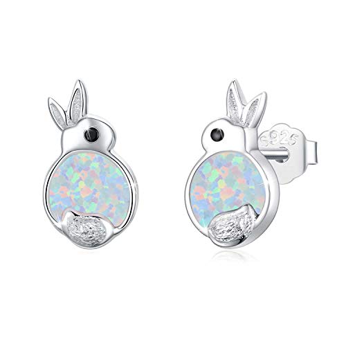 Pendientes de Elefante/Tortuga/Perro/Conejo en Plata de Ley para las mujeres y las niñas Hipoalergénico Pendientes de Perno con forma de ópalo, Viene en Caja de Regalo (Conejo 2)