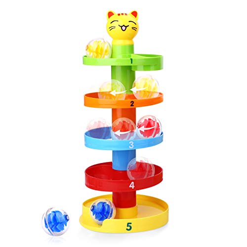 Peradix Juegos Educativos, Juguete de Torre Bolas con 5 Capas y 3 Bolas Rampa para Niño, Juegos Giratorio Ejecutar con Cartoon Gato para Bebés