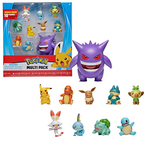 Pokémon Ultimate Battle Multi Pack de 10 Figuras de Acción - Gengar, Pikachu, Charmander, Squirtle, Bulbasaur, Eevee, Sobble, Grookey, Scorbunny und Munchlax - Detalles Auténticos Oficiales