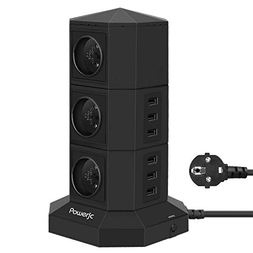 powerjc regleta de Power Tower 9 Hi-Speed USB Smart puertos de carga y 6 carga teckdosen, Separate Interruptor Controles, powerjc 6,6 de FT Potente Cable alargador