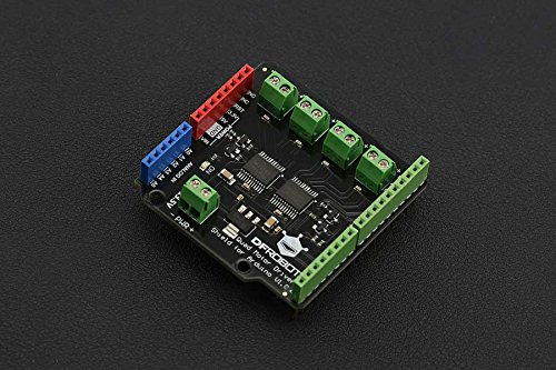 Quad DC Motor Driver Shield for Arduino,compatible with 5V/3.3V Arduino controller, can control up to four DC motors with 8 pins at the same time,supports PWM speed control and polarity control