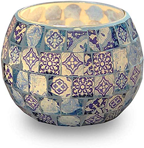 Renquen Portavelas de cristal azul y blanco con mosaico, portavelas de té, diseño de cristal azul y blanco, hecho a mano, estilo mosaico, decoración para fiestas, regalo de cumpleaños Renquen Portavelas de cristal azul y blanco con mosaico, portavelas de té, diseño de cristal azul y blanco, hecho a mano, estilo mosaico, decoración para fiestas, regalo de cumpleaños