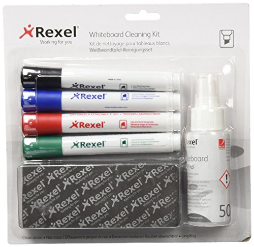 Rexel - Kit de escritura y limpieza para pizarras de borrado en seco (incluye 4 rotuladores y spray limpiador)
