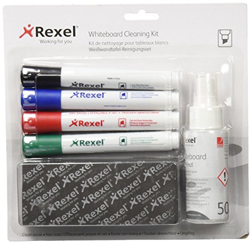 Rexel - Kit de escritura y limpieza para pizarras de borrado en seco (incluye 4 rotuladores y spray limpiador) Rexel - Kit de escritura y limpieza para pizarras de borrado en seco (incluye 4 rotuladores y spray limpiador)
