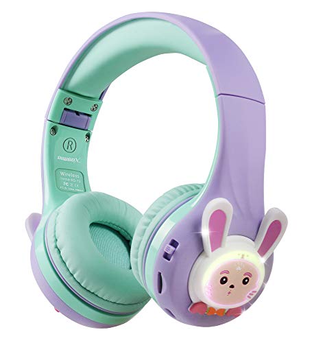 Riwbox RB-7S Auriculares para niños, Bluetooth con luz LED inalámbricos Plegables Volumen sobre la Oreja Seguro Limitado 75dB/85dB/95dB con micrófono Tarjeta TF, Auriculares niños (Verde púrpura)