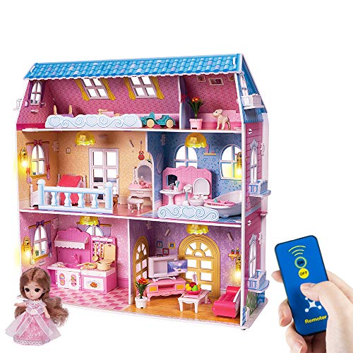 RuiDaXiang Casa de muñecas, Muebles y Luces de Control Remoto, 6 Habitaciones en Tres Pisos, Juguete de casa de muñecas para niñas de 3 a 6 años RuiDaXiang Casa de muñecas, Muebles y Luces de Control Remoto, 6 Habitaciones en Tres Pisos, Juguete de casa de muñecas para niñas de 3 a 6 años