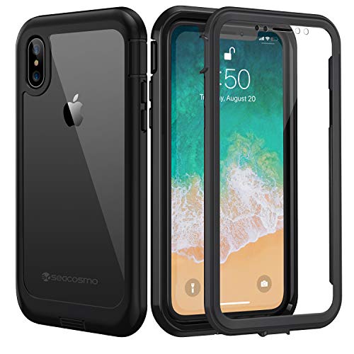 seacosmo Funda iPhone XS/iPhone X (5.8'') Carcasa Anti-Golpes y Anti-Arañazos de 360 Grados, Panel Posterior Transparente con Protector de Pantalla Incorporado para iPhone X/XS- Negro