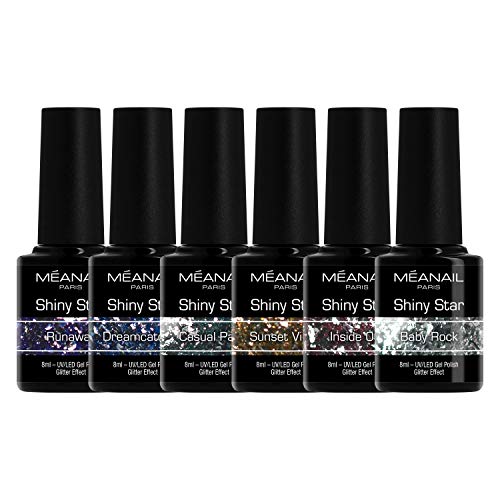 Set de Esmaltes de Uñas Semipermanentes para lámpara UV LED - 6 Colores Glitter para uñas de gel - Nail Polish Manicura y Pedicura - Gama Shiny Star Meanail Paris Set de Esmaltes de Uñas Semipermanentes para lámpara UV LED - 6 Colores Glitter para uñas de gel - Nail Polish Manicura y Pedicura - Gama Shiny Star Meanail Paris
