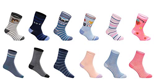 SG-WEAR 12 pares de calcetines infantiles para niños y niñas con un alto contenido de algodón Calcetines de deporte infantiles en varios diseños/tallas 23-26, 27-30, 31-34, 35-38 / (23-26, Boy)