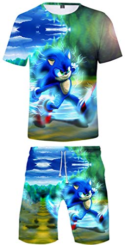Silver Basic Camiseta de Verano de Manga Corta para Hombre Sonic The Hedgehog Camiseta y Pantalón Ropa Deportiva Traje Videojuego Sonic Silver Shadow Cosplay M,753Ejecutando Sonic-2