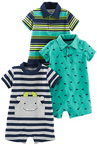 Simple Joys by Carter's Baby Boys paquete de 3 peleles. ,Blue Stripe/Turquoise Dino/Gray Navy ,3-6 Months