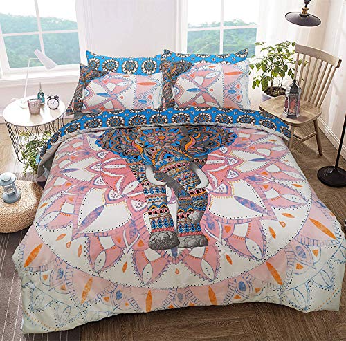 Sleepdown Juego de Funda de edredón Reversible con diseño de Mandala, diseño de Elefante, Color Rosa y Azul, fácil de cuidar, antialérgico, Suave y Liso con Fundas de Almohada (tamaño King Size)