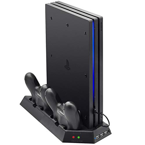 Soporte vertical para PS4 Pro con ventilador de refrigeración, estación de carga de controlador FastSnail para Playstation 4 Pro, cargador para controladores DualShock 4 con indicador de carga LED