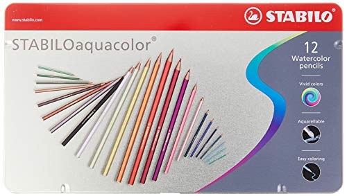 STABILO aquacolor - Lápiz de color acuarelable, caja de metal con 12 colores