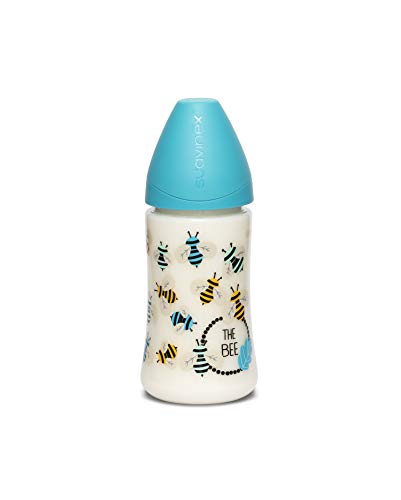 Suavinex - Biberón para bebés +0 meses con tetina 3 posiciones (flujo lento, medio o Denso) de silicona, 270 ml, Abejitas Azul