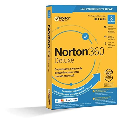 Symantec Norton 360 Deluxe - Caja (1 año), 3 Dispositivos, 25 GB de Almacenamiento en la Nube, para Win, Mac, Android, iOS