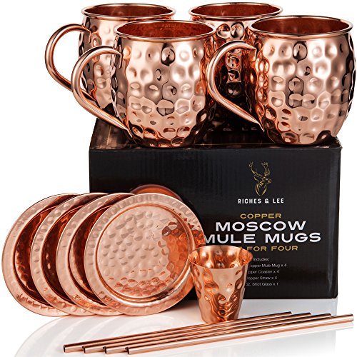Tazas de Cobre de Moscow Mule Juego de Cuatro Incluye 4 x Tazas de 18 Onzas 4 x Posavasos 4 x Sorbetes 1 x Vaso/Copa de Shot en Caja de Regalo Tazas de Cobre de Moscow Mule Juego de Cuatro Incluye 4 x Tazas de 18 Onzas 4 x Posavasos 4 x Sorbetes 1 x Vaso/Copa de Shot en Caja de Regalo