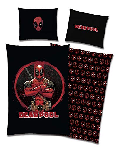 TexIdea Marvel - Juego de cama reversible Deadpool 135 x 200 cm + 80 x 80 cm, 100% algodón, con cremallera, color negro