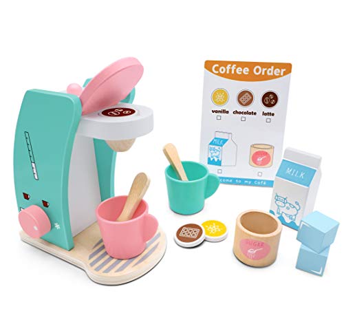 Tiny Land Accesorios de Cocina Play - Juego de cafetera de Madera para Preparar y Servir, fomenta el Juego imaginativo, 13 Piezas, Juego de café de Juguete actualizado para niños