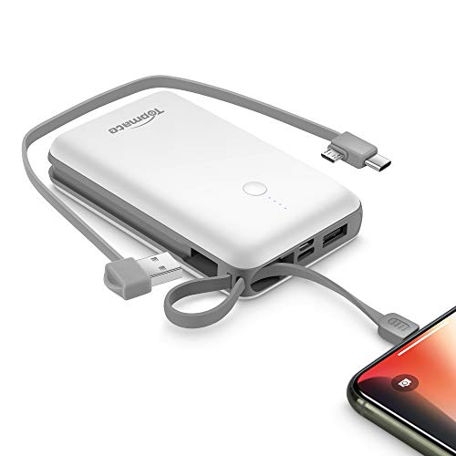 TopMate Mini Cargador portátil de 10000 mAh, Banco de energía Cable, Cargador de batería Externo Integrado en iOS y Micro Cables Tipo C, Compatible con iPhone, Android, para iPad - Blanco