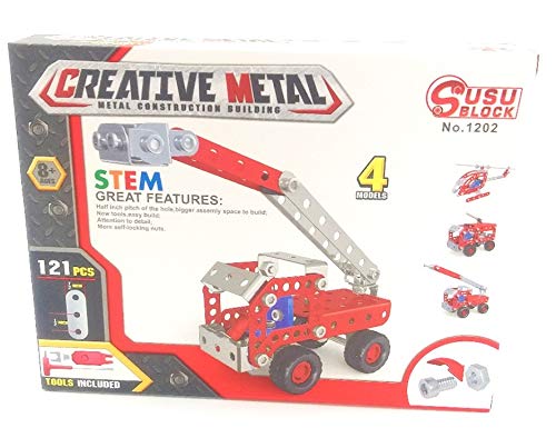 Toy Creative Metal 4 Modelos en 1, Edificio de construcción metálica. Camión de Bomberos, Bombero, helicóptero, Levantar camión de Bomberos.