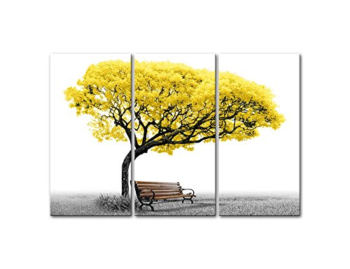 Triple lienzo para decoración con arbola amarillo y parque en 3 piezas