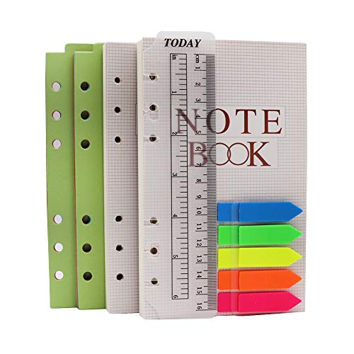 TSY A6 - Juego de 2 paquetes de 6 agujeros para cuadernos, 160 hojas con 2 separadores de colores, 2 paquetes de banderas de índice y una regla de marcadores, A6