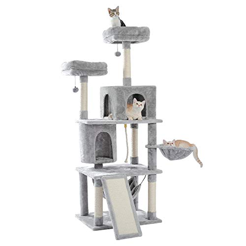 UMI Árbol de Madera para Gatos Varios Pisos Torre de Juegos Grande Poste para rascar de sisal Muebles para Gatitos Centro de Actividades con condominio casa de Juegos, Estructura Estable Gris 166 cm