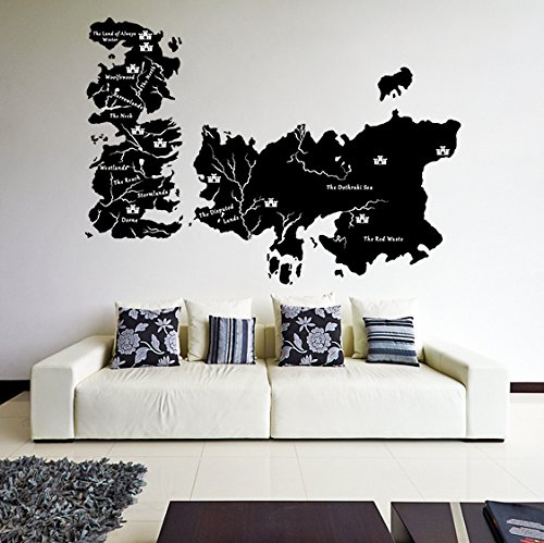 Vinilo decorativo de pared de vinilo, (180x 128cm) Mapa del Mundo Game of Thrones adhesivo de póster de castillos/Atlas Shiluette con/Reino Unido Westeros Mural + Gratis Al azar adhesivo Regalo